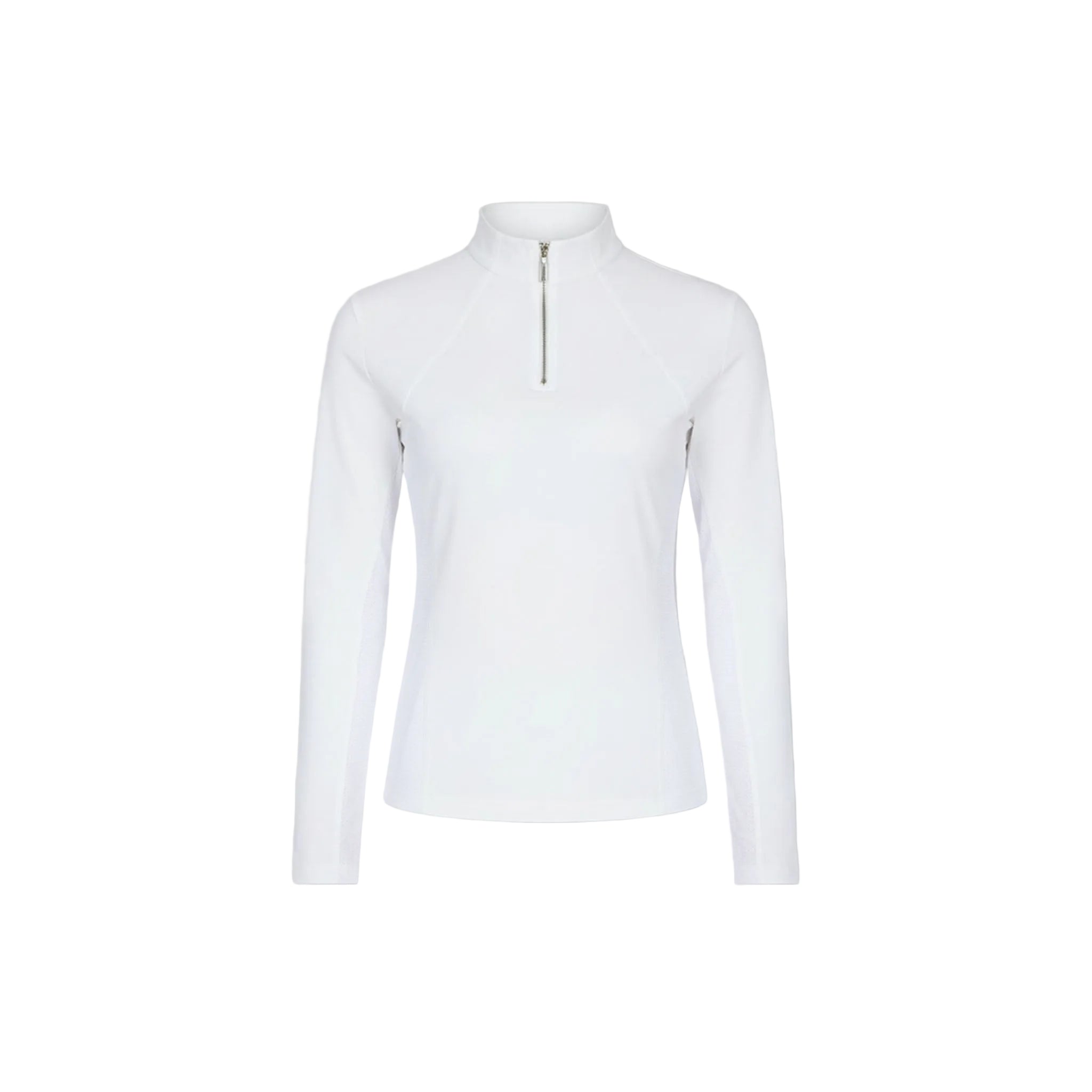 White long-sleeve shirt with a quarter zip on a light gray background