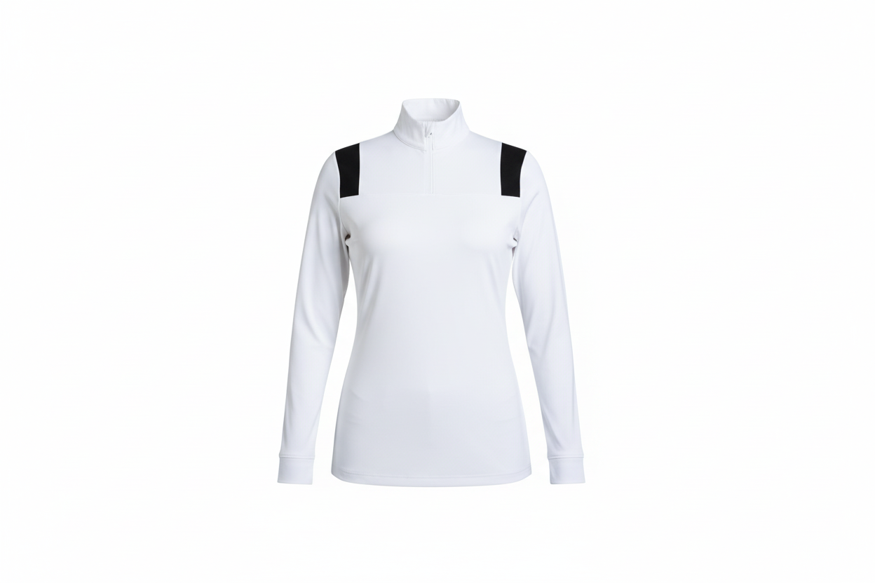  white long-sleeve shirt with black suspenders against a blurred indoor background
