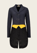 Navy blue coat with yellow trim on a beige background