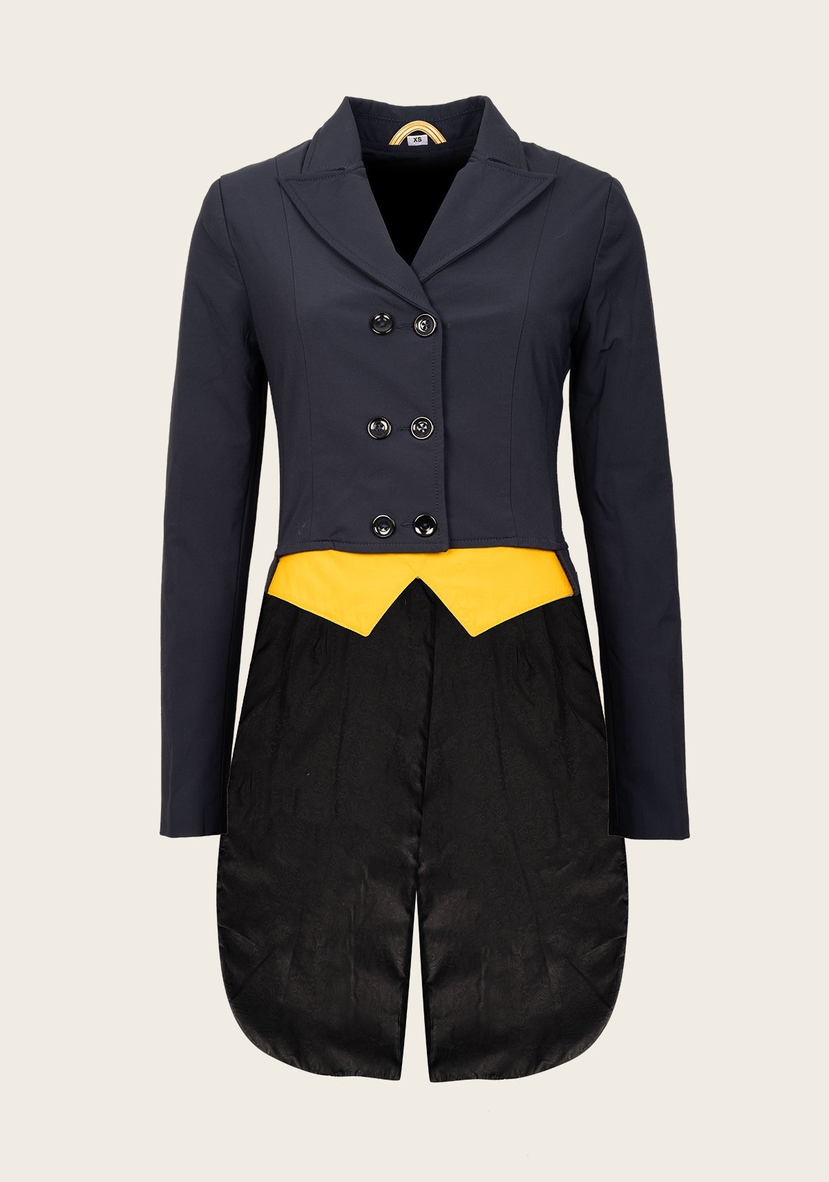 Navy blue coat with yellow trim on a beige background