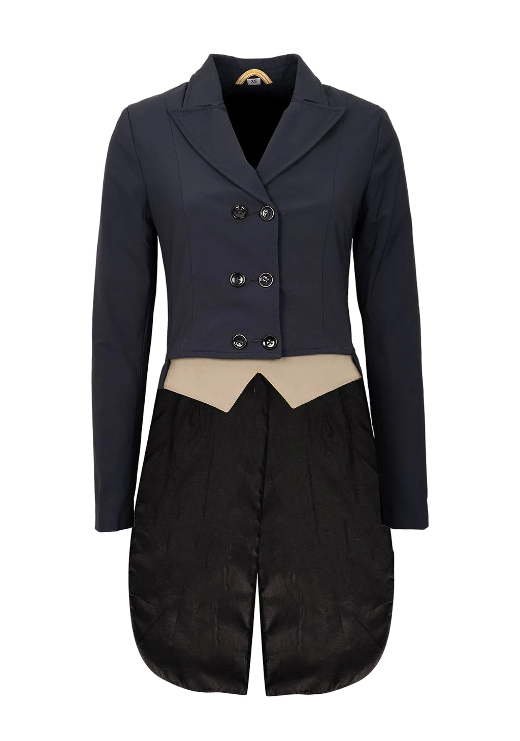 Navy blue jacket with a beige top and black pants on a beige background