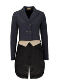 Navy blue jacket with a beige top and black pants on a beige background
