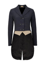 Navy blue jacket with a beige top and black pants on a beige background