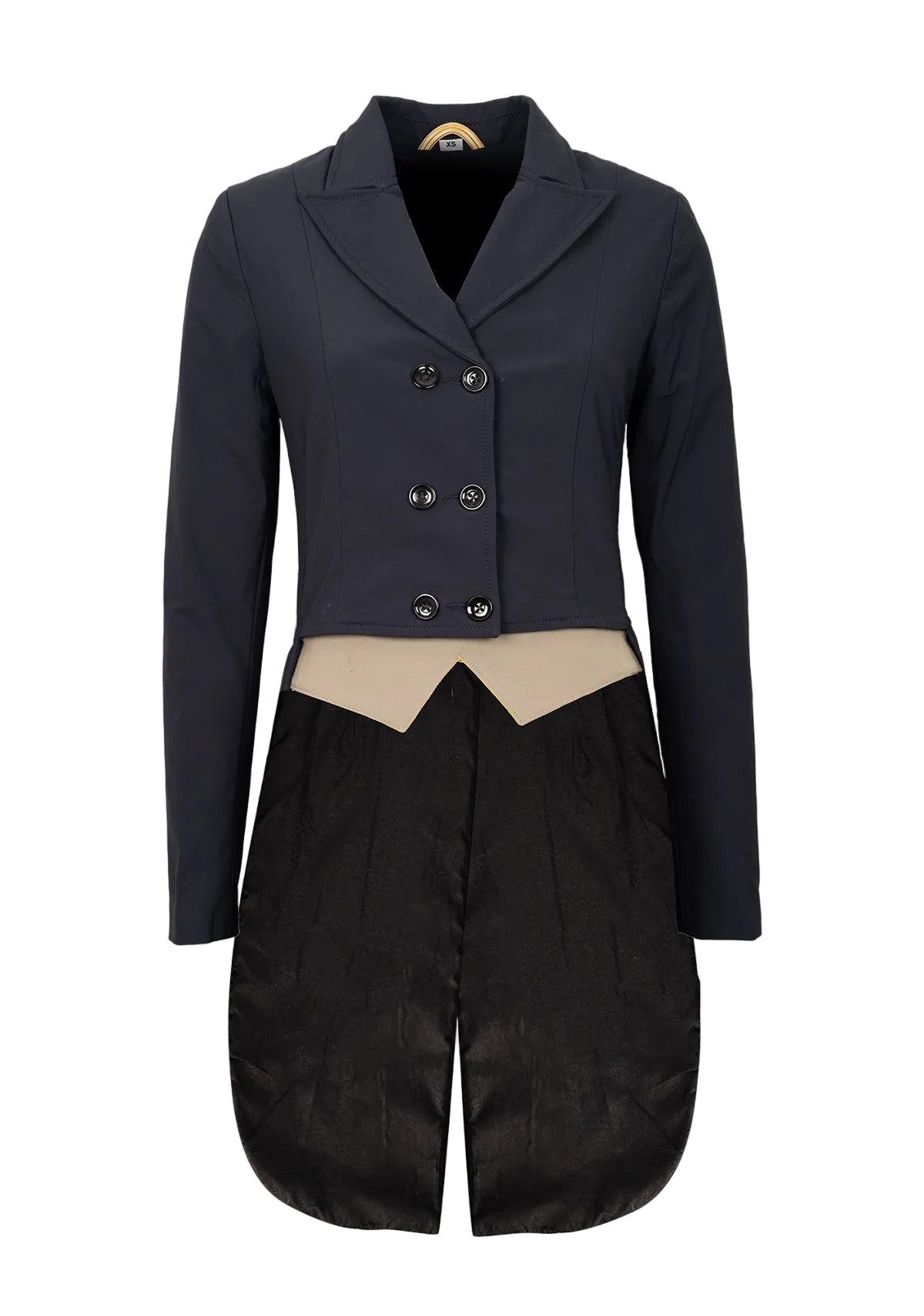 Navy blue jacket with a beige top and black pants on a beige background