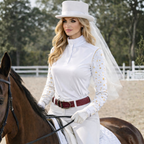 Close-up of a white sleeve with gold trim and 'LA Eq 96' branding.