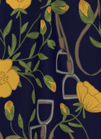 Pattern of yellow flowers and horse riding equipment on a dark blue background