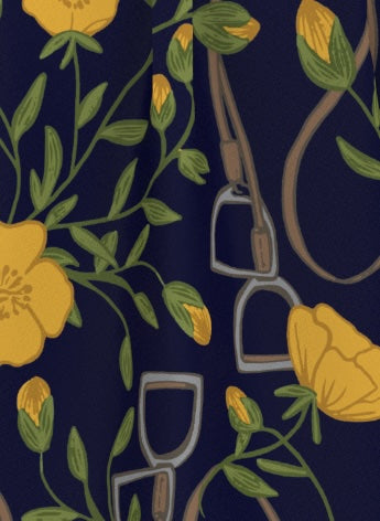 Pattern of yellow flowers and horse riding equipment on a dark blue background