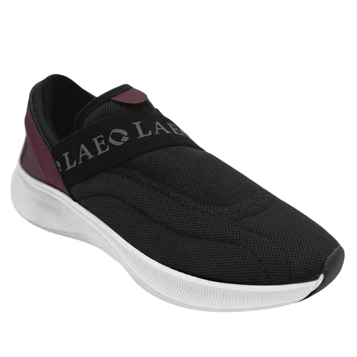 Black slip-on sneaker with white sole on a white background