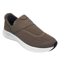 Brown slip-on shoe with white sole on a white background