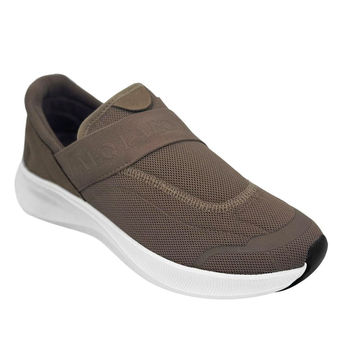 Brown slip-on shoe with white sole on a white background