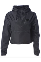 Black cropped hooded jacket with a brand logo on a white background