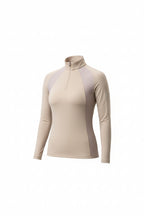 beige long-sleeve athletic top on white background