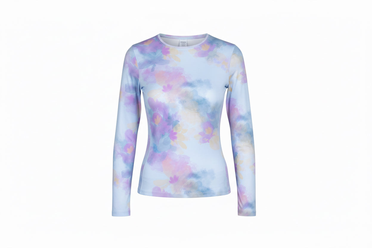 a long-sleeve water color athletic top on a white background