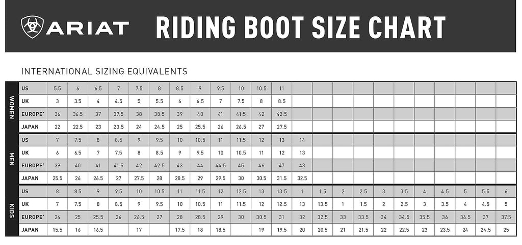Ariat riding boot size chart with international sizing equivalents.