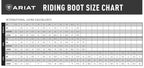Ariat riding boot size chart with international sizing equivalents.