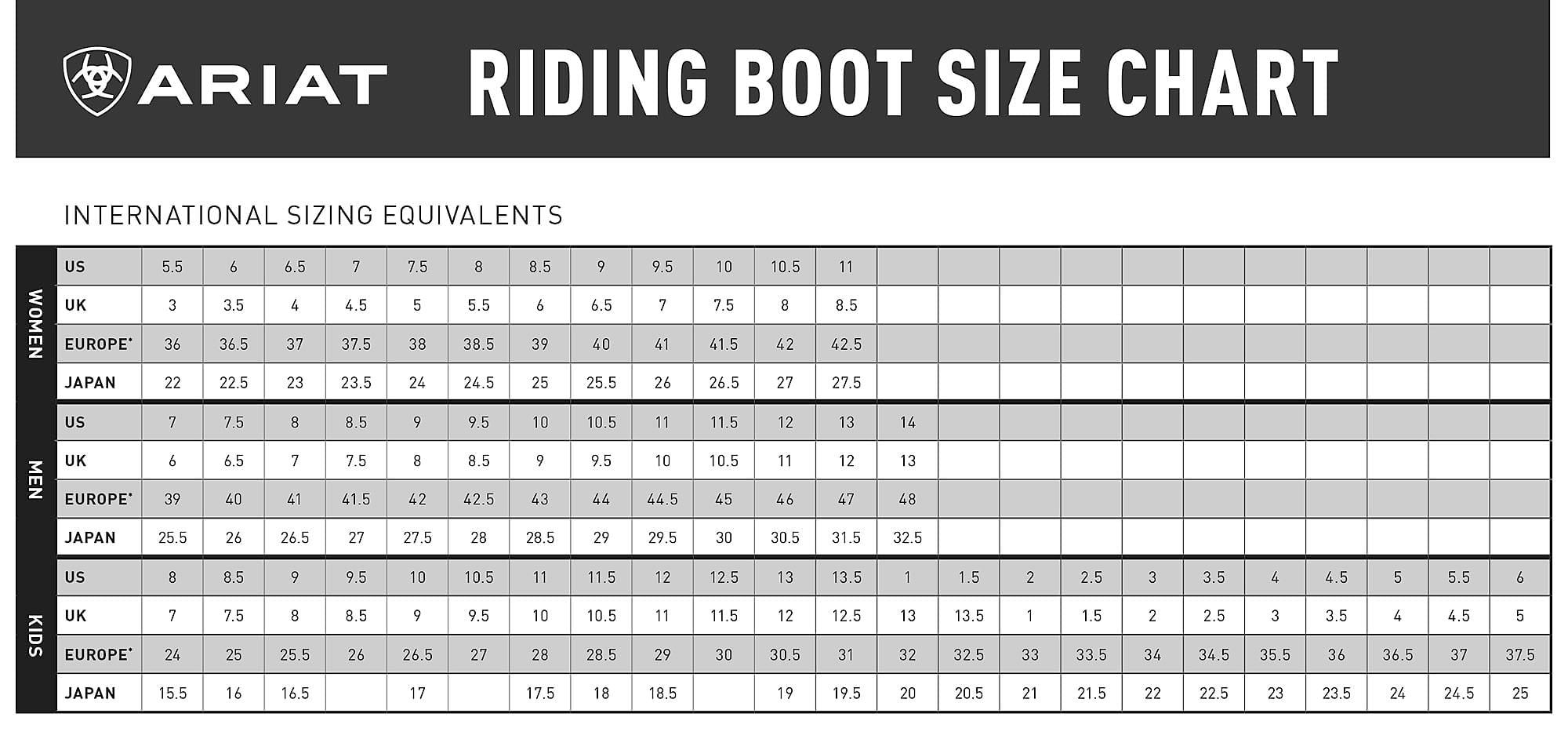 Ariat riding boot size chart with international sizing equivalents.