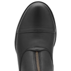 Black leather shoe with a gold zipper on a white background