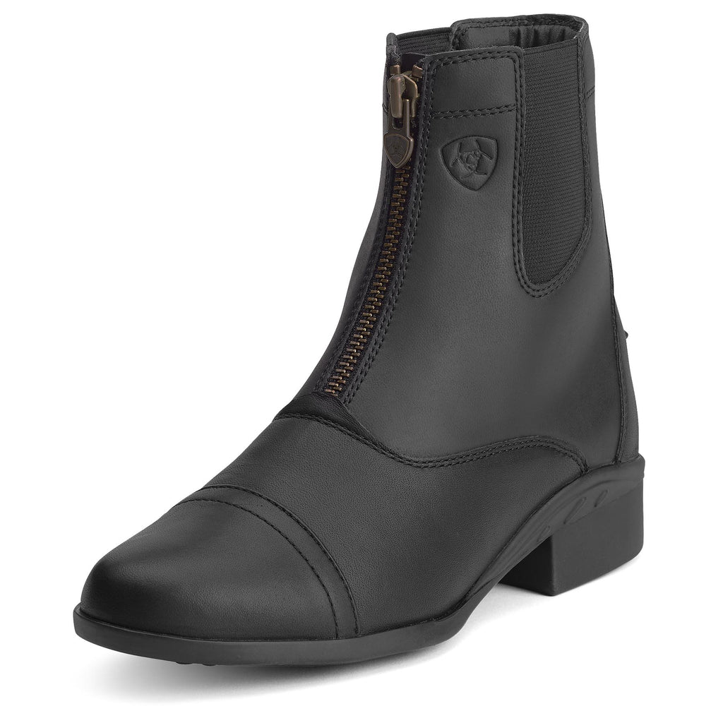 Black riding boot with a zipper on a white background