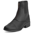 Black riding boot with a zipper on a white background