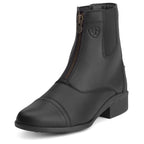 Black riding boot with a zipper on a white background