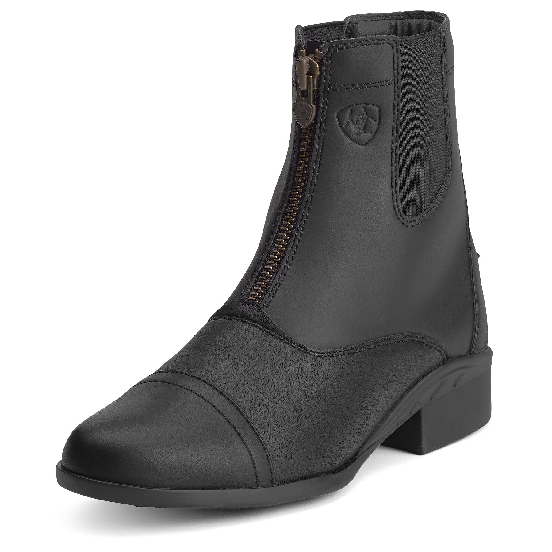 Black riding boot with a zipper on a white background