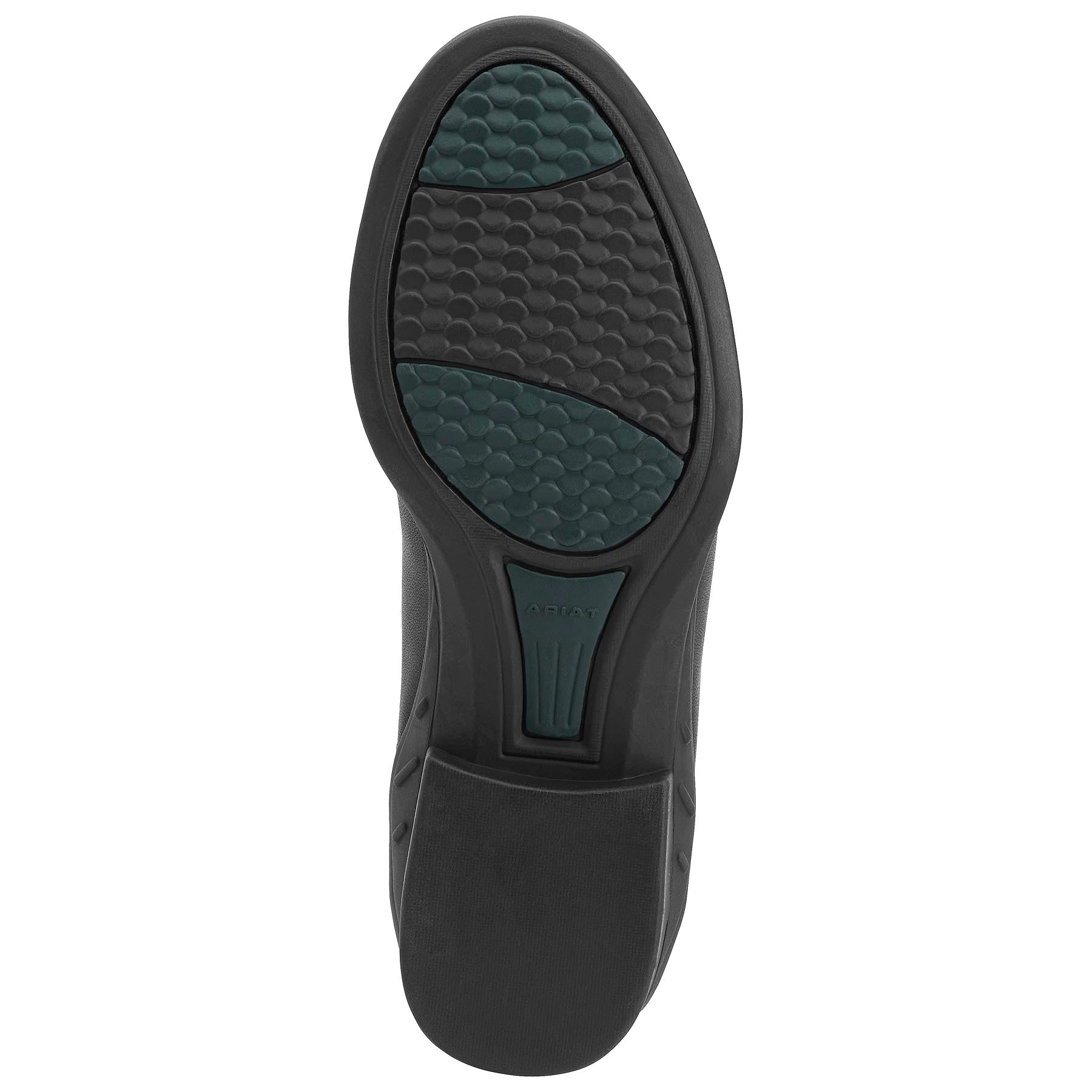 Black shoe sole with green tread pattern on a white background