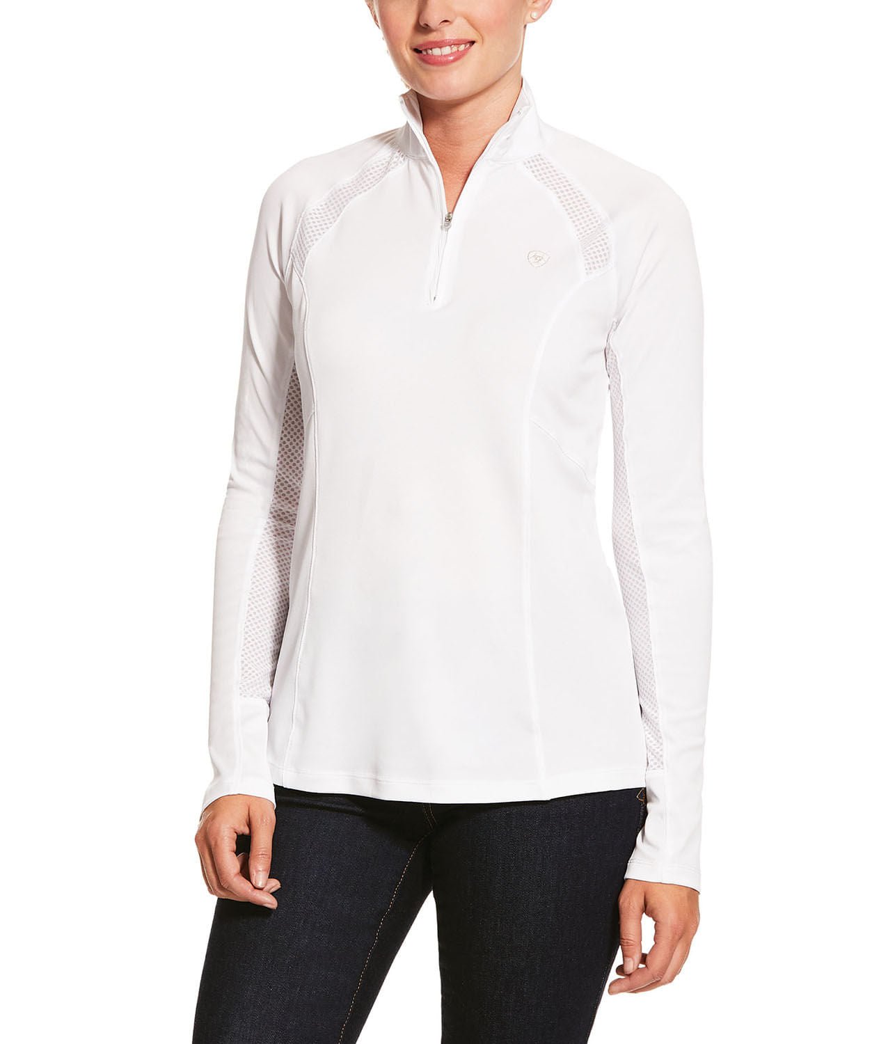 Woman wearing a white long-sleeve athletic shirt on a white background