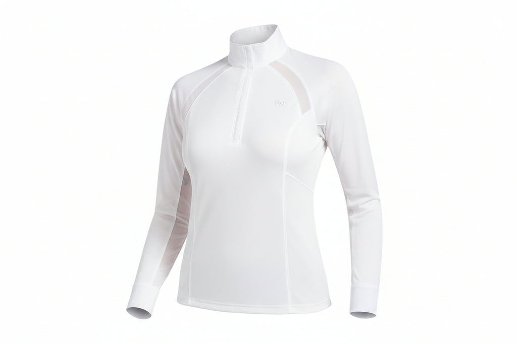 a white 1/4 zip equestrian long-sleeve show shirt 