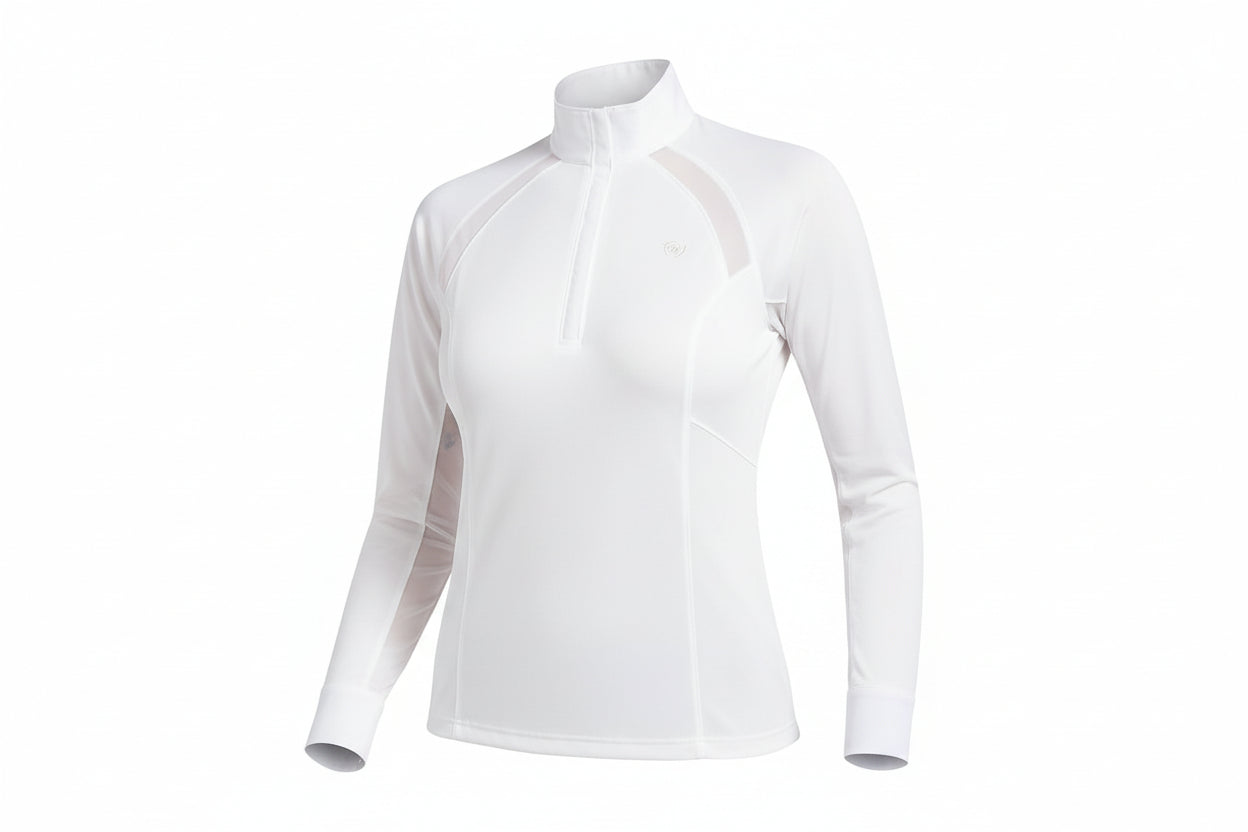 a white 1/4 zip equestrian long-sleeve show shirt 