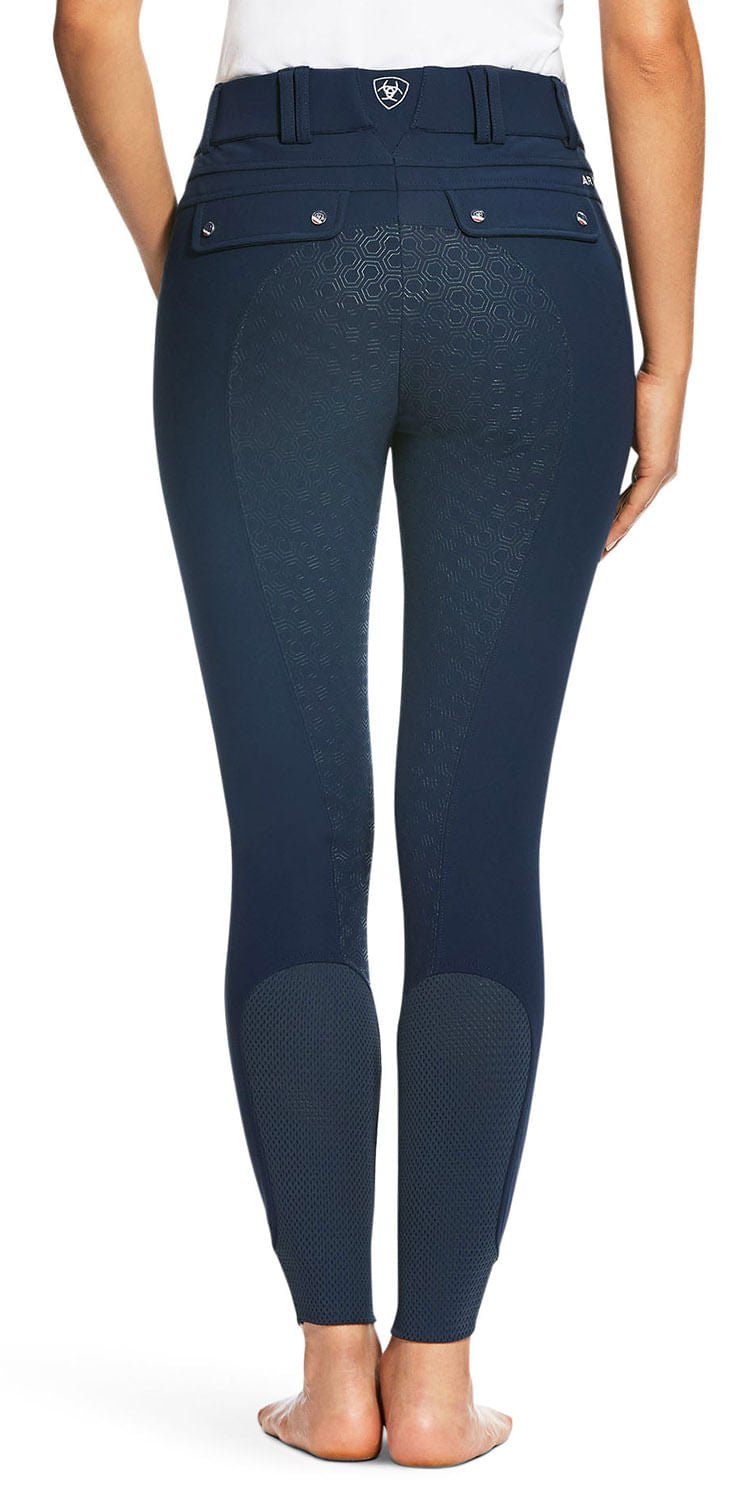Navy riding pants with patterned seat area on a white background