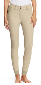 Beige riding pants worn by a person on a white background
