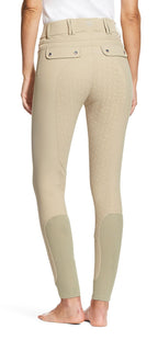 Beige riding pants with knee patches on a white background