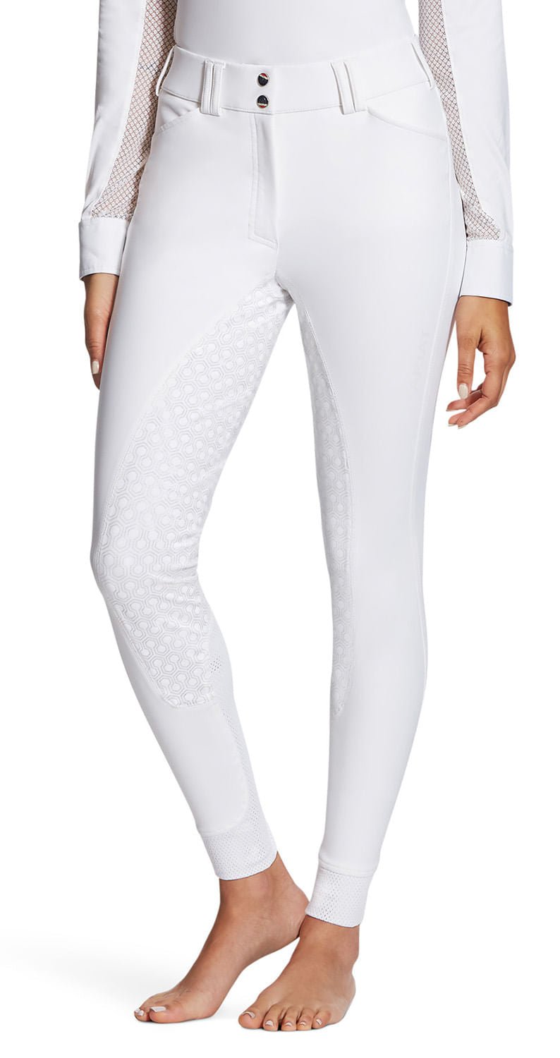 White equestrian pants worn by a person on a white background