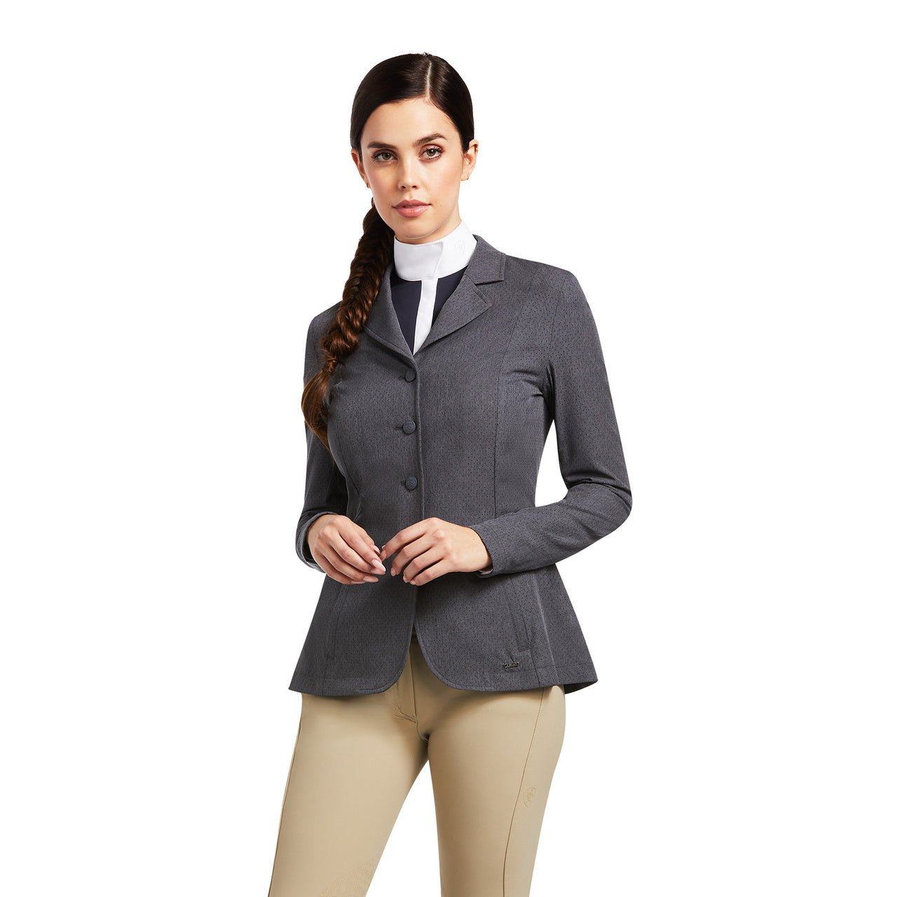 Woman wearing a gray riding jacket on a white background