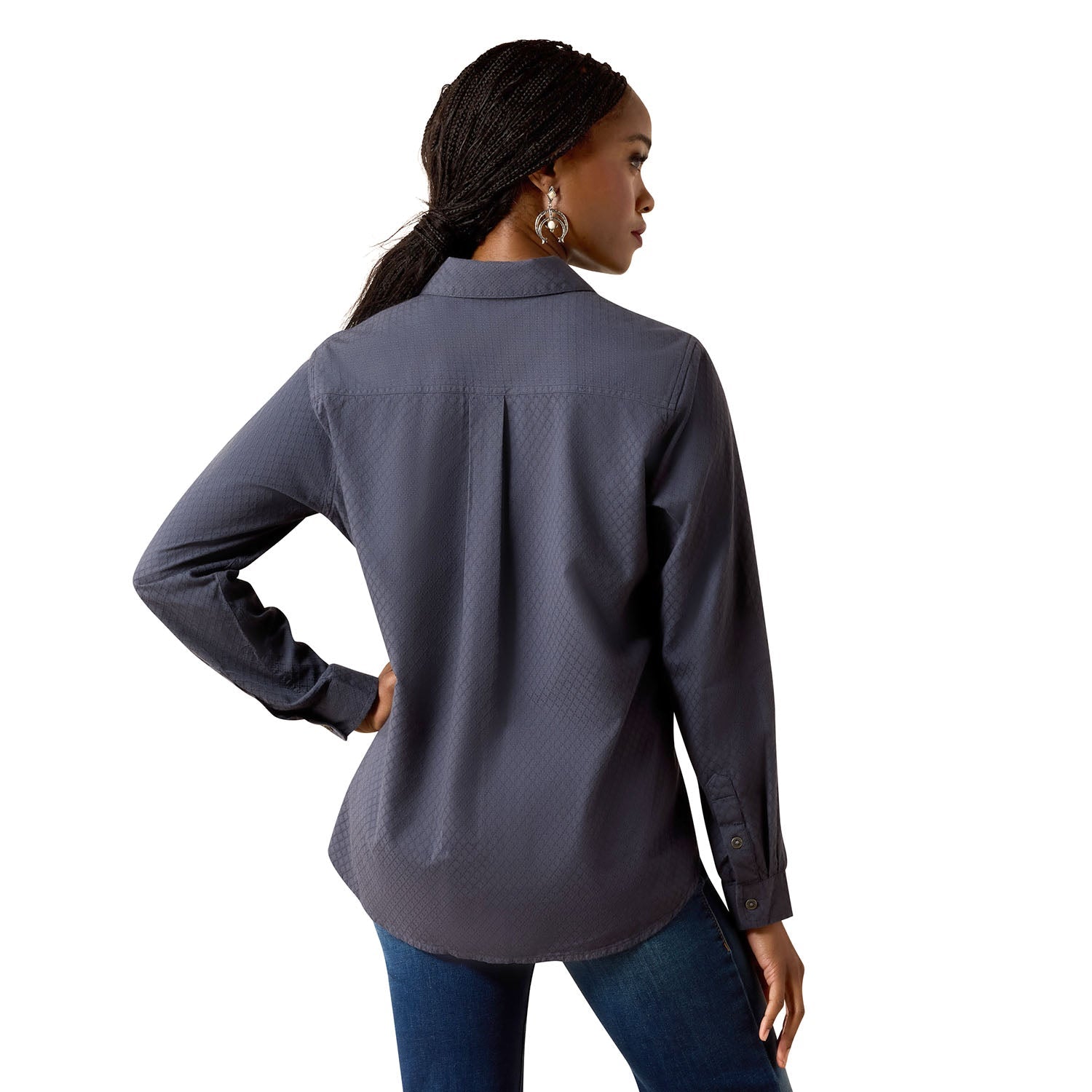 Woman wearing a gray long-sleeve shirt on a white background