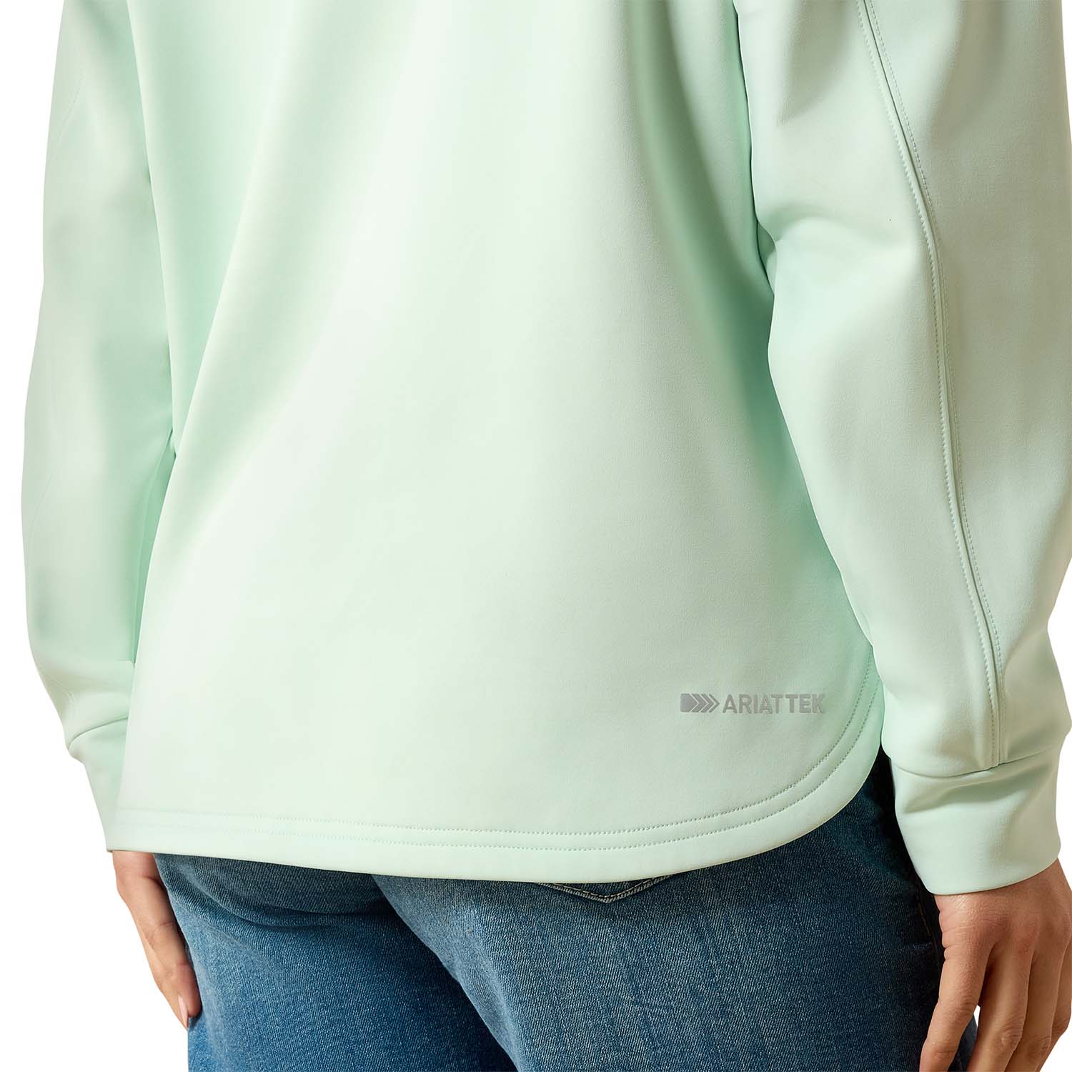 Light green fleece pullover with a brand logo on a white background