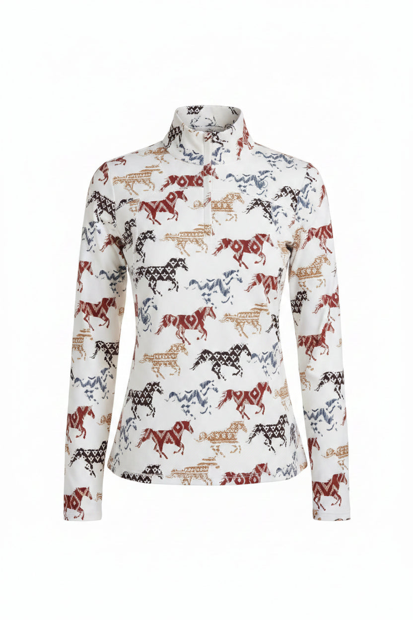 Woman wearing a patterned long-sleeve shirt with horse design on a white background