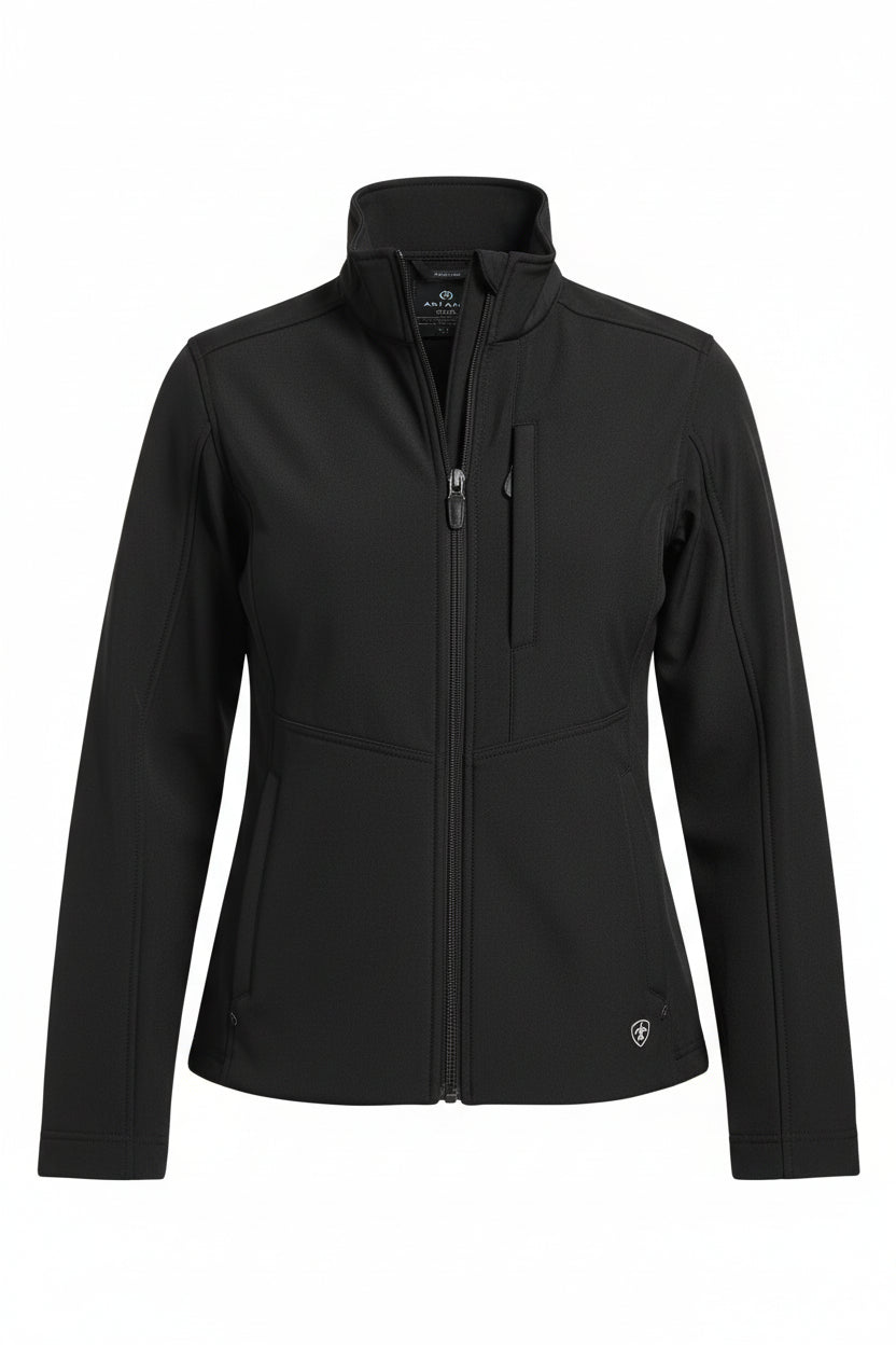 Woman wearing a black jacket on a white background
