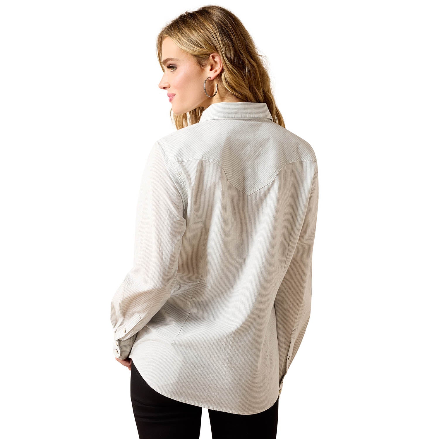 Woman wearing a white shirt on a white background