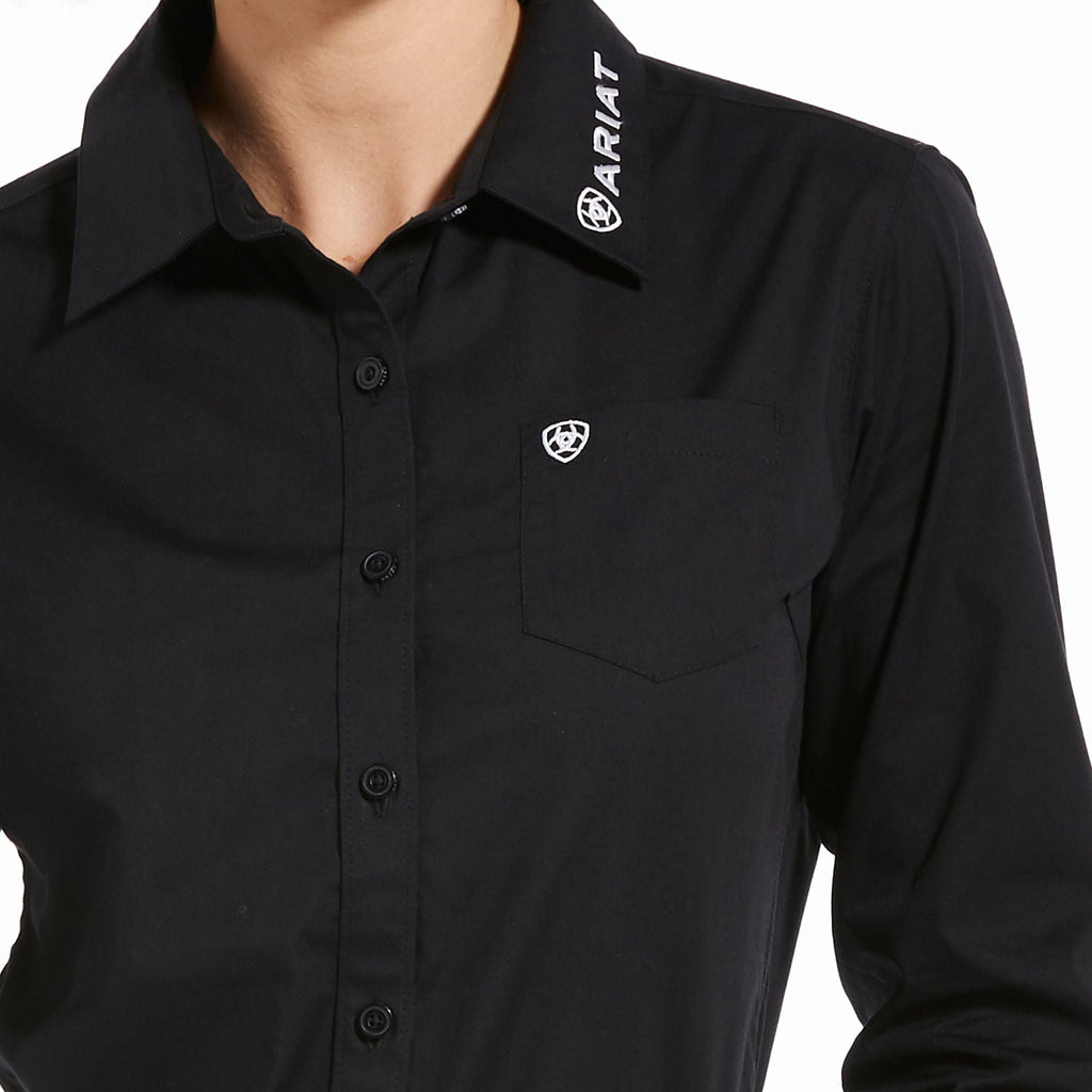 Black shirt with Ariat logo on a white background