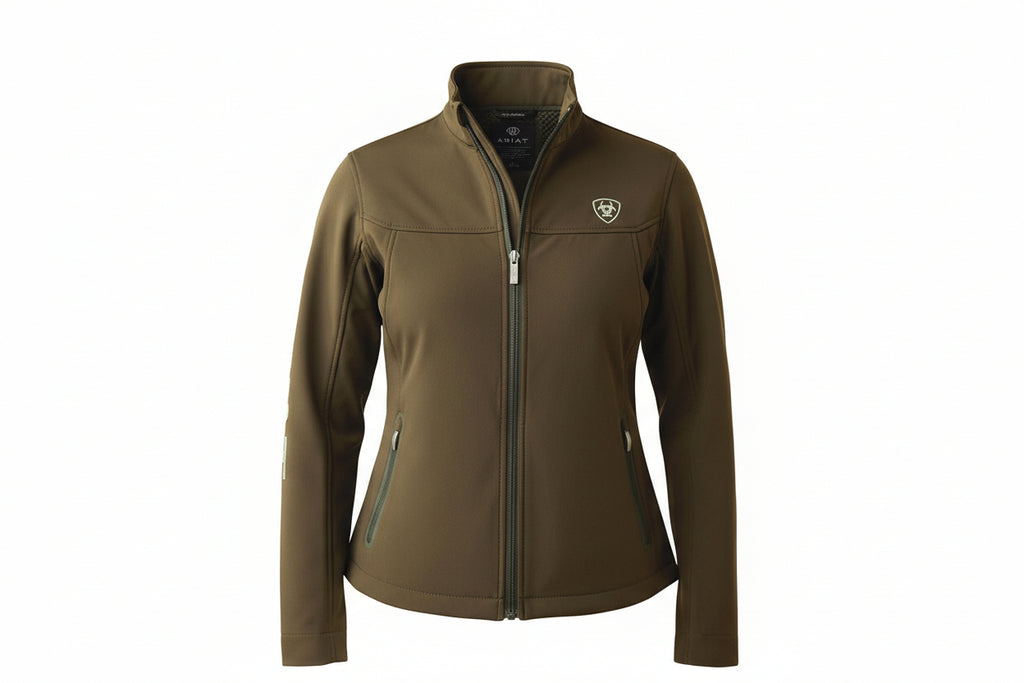 green jacket with a brand logo on a white background