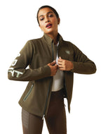 Woman wearing a green jacket with a brand logo on a white background