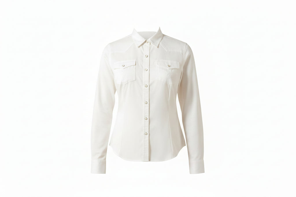 Woman wearing a white shirt with a bolo tie and dark jeans on a white background