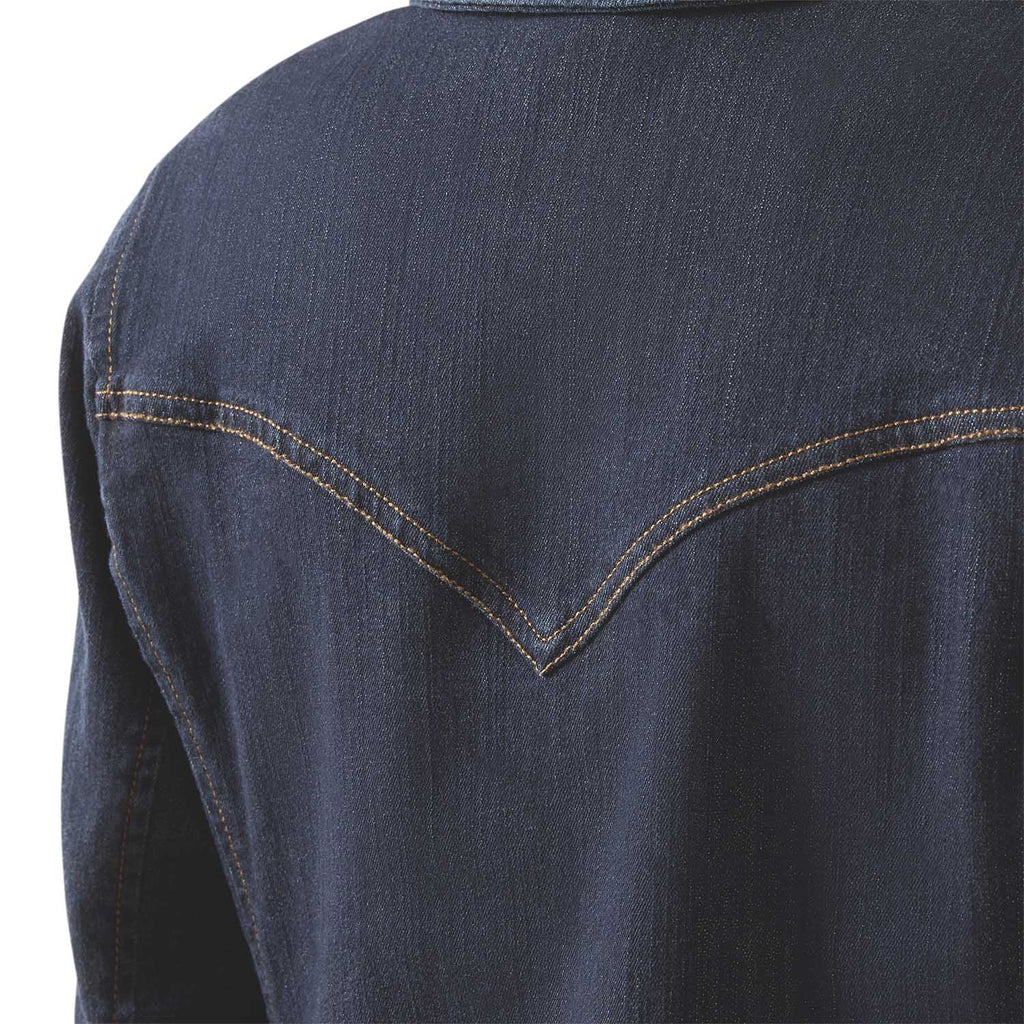 Close-up of a dark blue denim shirt with stitching detail on a white background