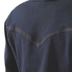 Close-up of a dark blue denim shirt with stitching detail on a white background