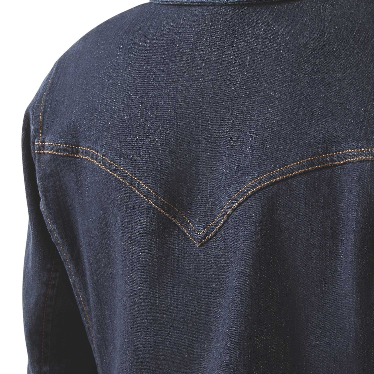 Close-up of a dark blue denim shirt with stitching detail on a white background