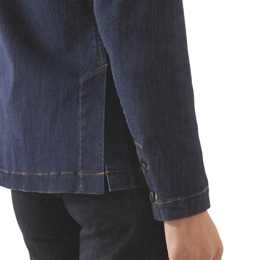 Close-up of a dark blue denim jacket on a white background