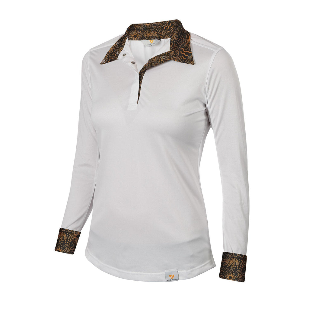 White long-sleeve shirt with patterned collar and cuffs on a white background