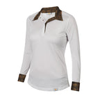 White long-sleeve shirt with patterned collar and cuffs on a white background