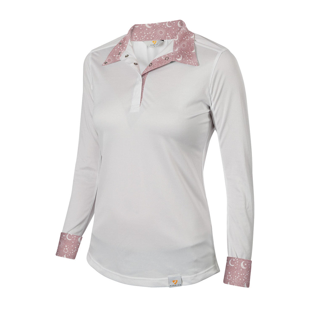 White long-sleeve shirt with pink patterned collar and cuffs on a white background